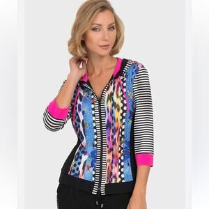 Joseph Ribkoff Hoodie Jacket Full Zip Punk 80s Stretch Pink Black Athleisure